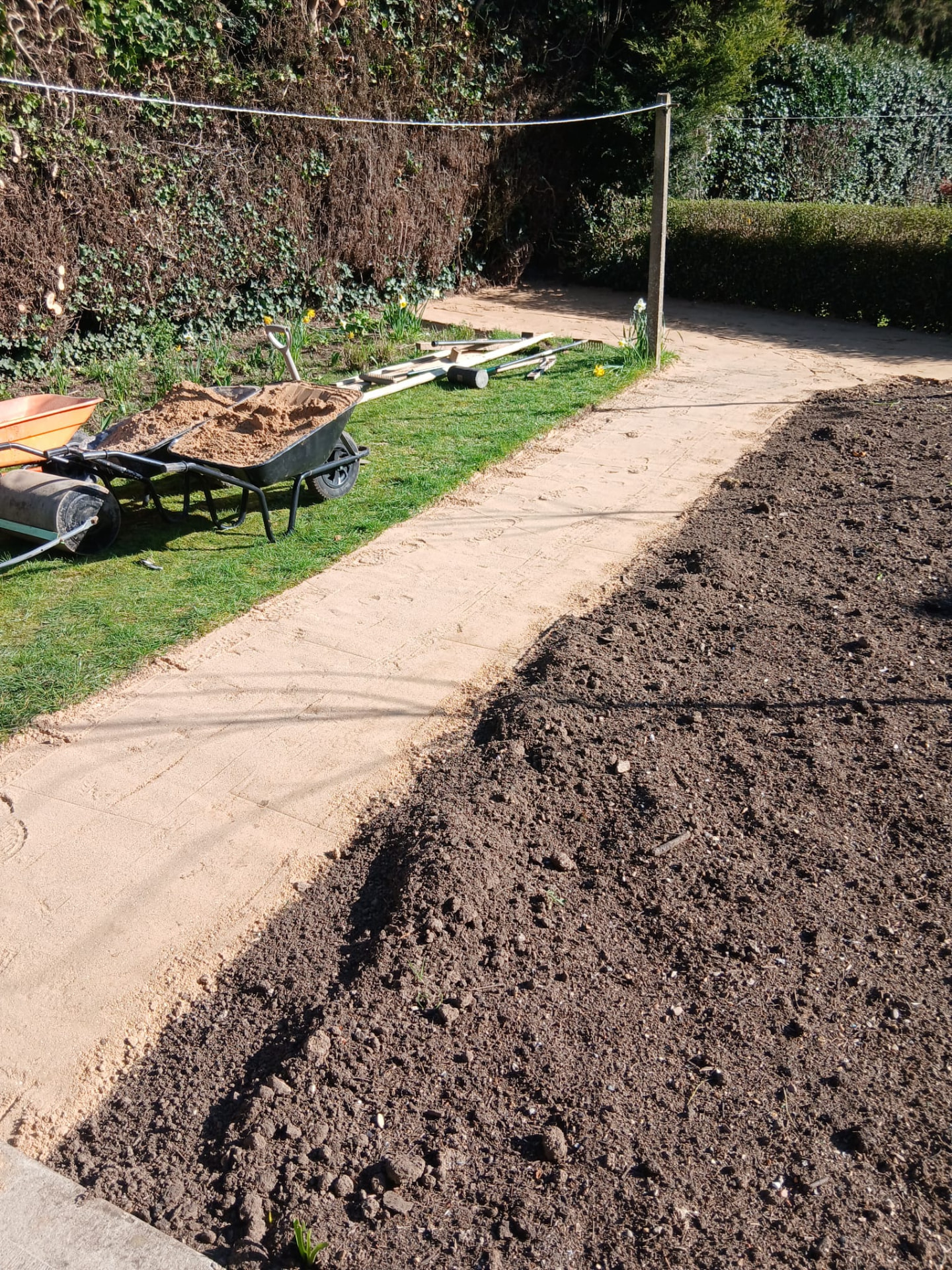 Landscaping preparation with bare soil, garden path and wheelbarrow